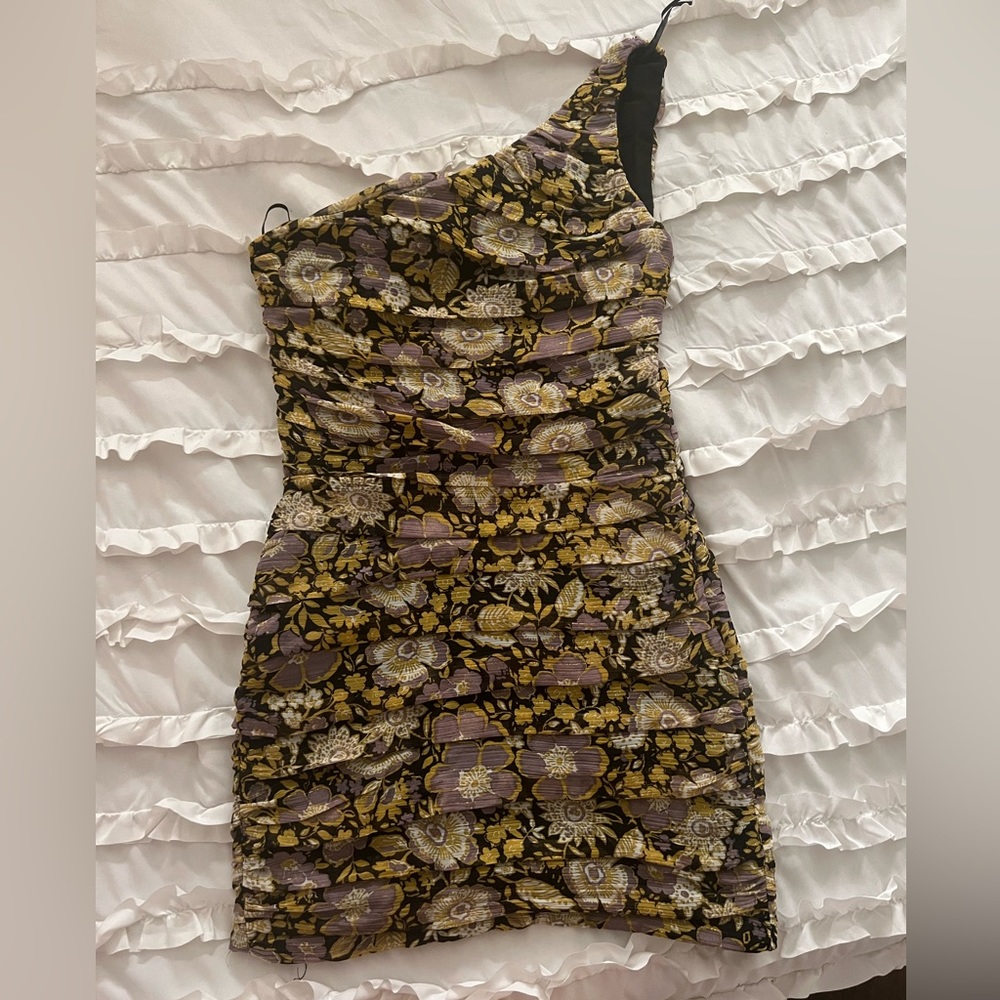 Delicate ruched floral print cocktail dress
